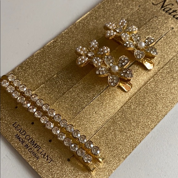 Hair pins pearl gold stones Floral Bridal party - Picture 3 of 14